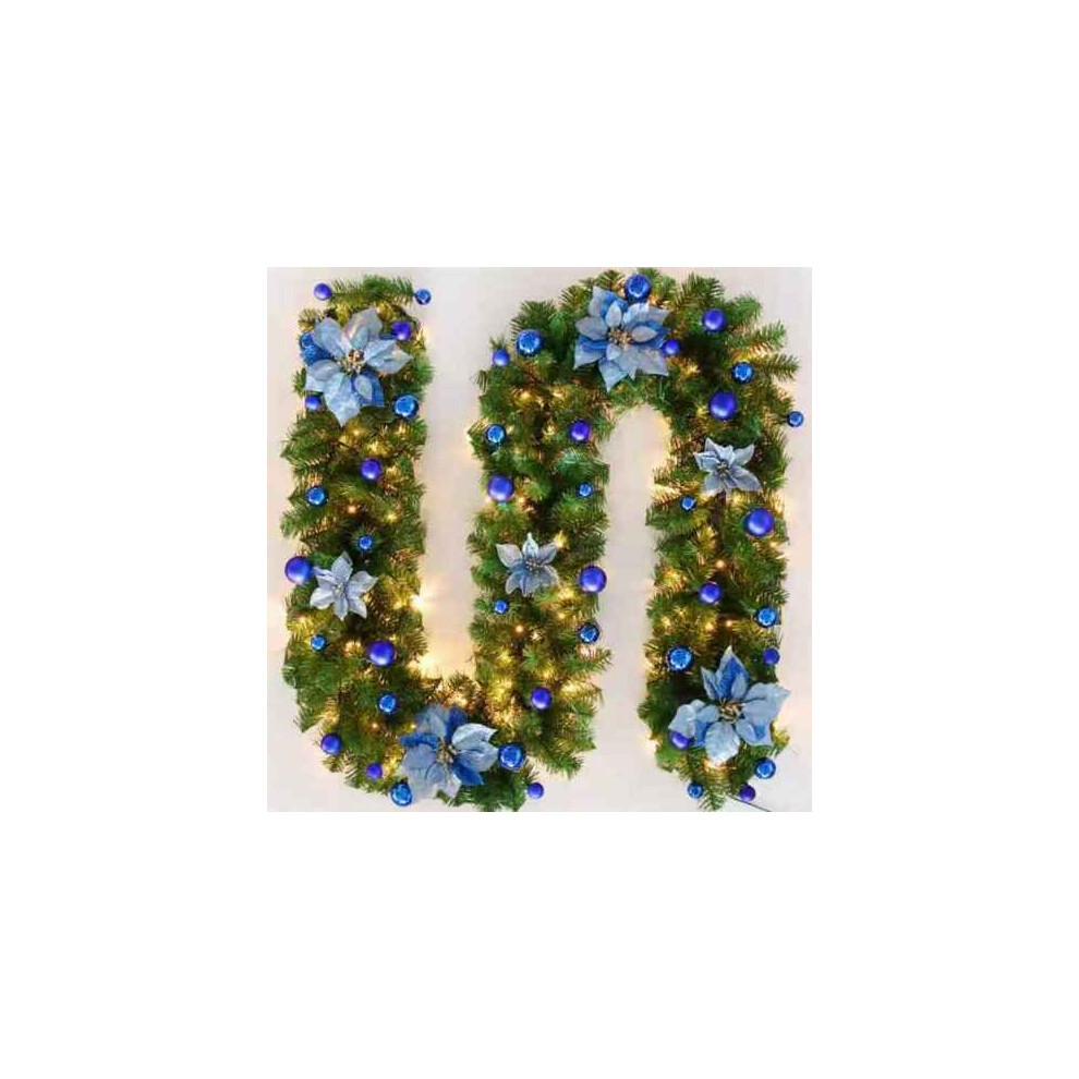 (blue with led light) 9FT Pre Lit Christmas Garland with LED Lights Door Wreath Xmas Fireplace Decoration