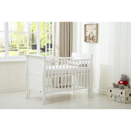 (White) MCC®  BABY BED Solid Wooden Cot bed Savannah Sleigh Cotbed & Water Repellent Mattress