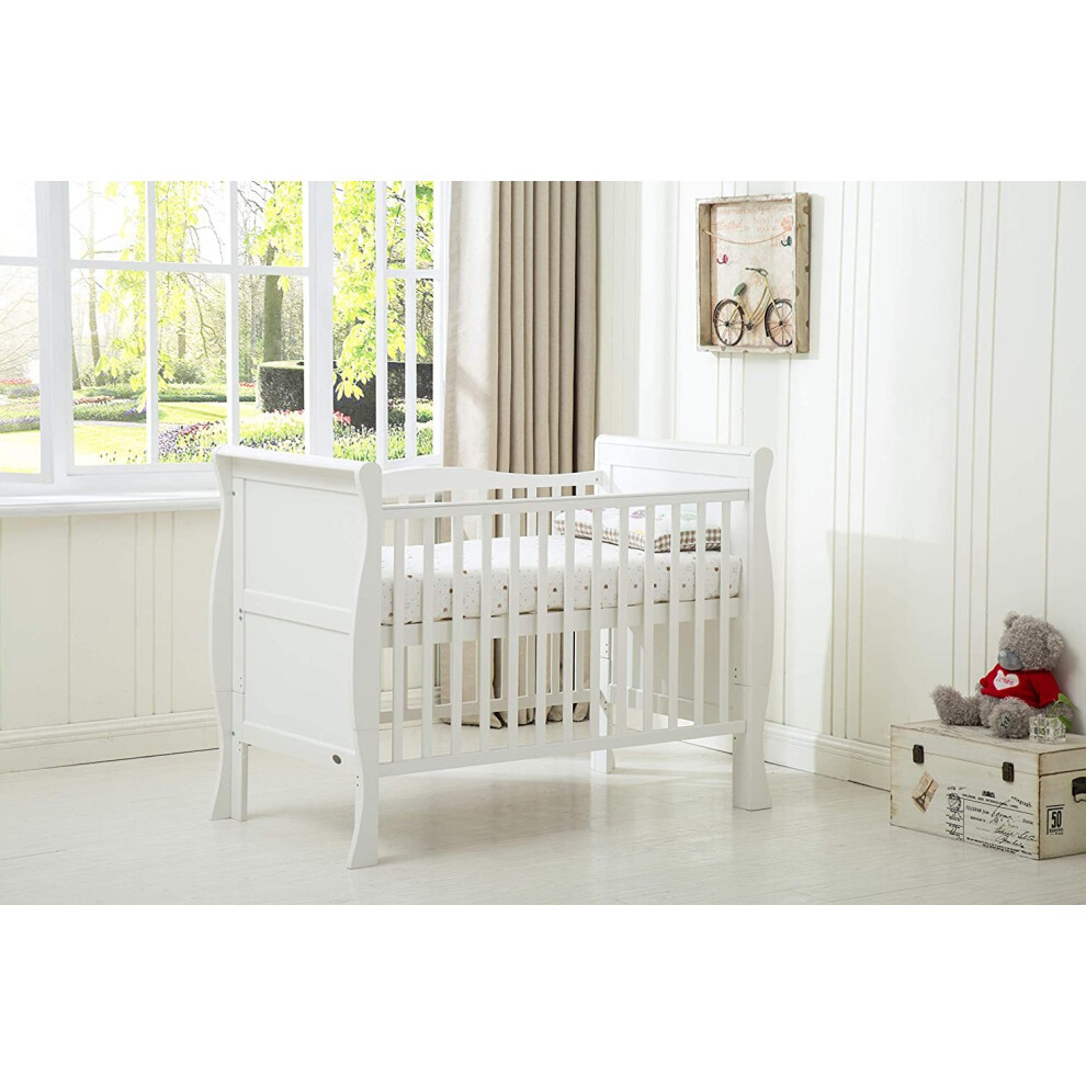 (White) MCC®  BABY BED Solid Wooden Cot bed Savannah Sleigh Cotbed & Water Repellent Mattress