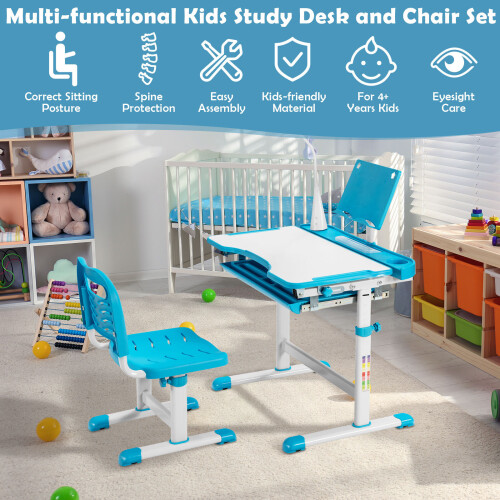 Costway Kids Study Desk Chair Set Height Adjustable w/Book Stand LED Light 1