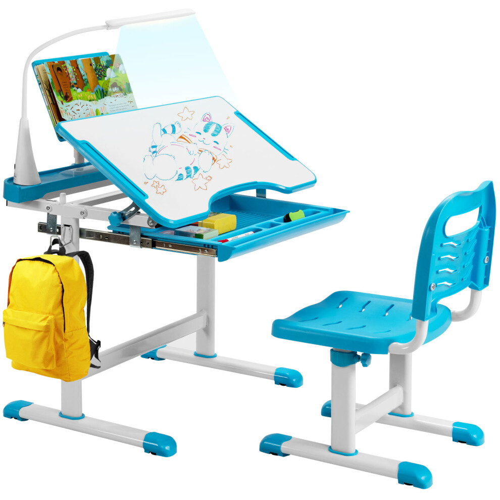 Kids Study Desk Chair Set Height Adjustable w/Book Stand LED Light