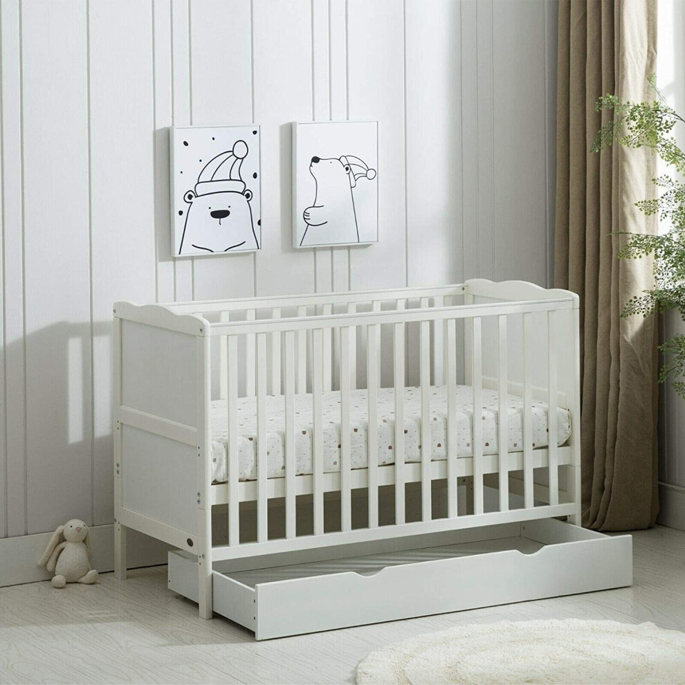 (White) MCC BABY COT BED Wooden Baby Cot Bed & Rollaway Drawer & Aloe Vera Water Repellent Mattress(Orlando Drawer)