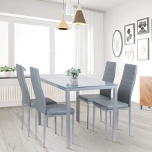All Grey Glass Dining Table with 4 Grey Faux Leather Chairs Italian Style Modern Dining Set 8mm Tempered Glass