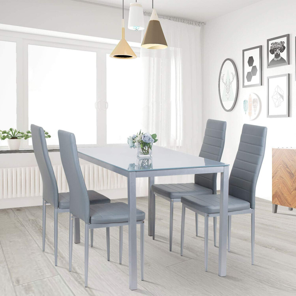 ALL GREY GLASS DINING TABLE AND 4 GREY CHAIRS DINING
