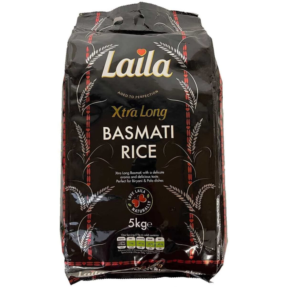 Laila Xtra Long Basmati Rice 5 kg , Naturally Gluten Free Rice with a Delicate Aroma , Perfect for Pulao or Biryani