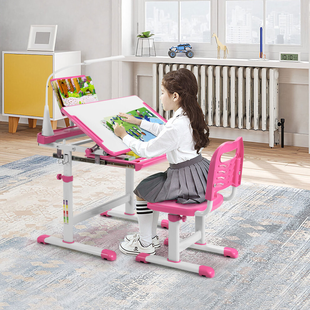 Kids Study Desk Chair Set w/ Book Stand & LED Light Height Adjustable