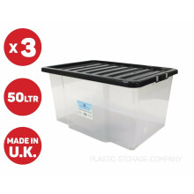 3 x 50 LITRE PLASTIC STORAGE BOX, QUALITY CONTAINER WITH BLACK LID