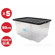 5 X 50LITRE PLASTIC STORAGE BOXES !! OFFICES TOYS HOME WITH BLACK LID