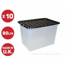 10 x 80 LITRE PLASTIC STORAGE BOX - STRONG - EXTRA LARGE - BLACK LID