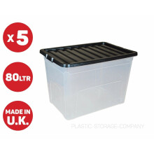 5 x 80 LITRE PLASTIC STORAGE BOX - X LARGE -STRONG CONTAINER BLACK LID