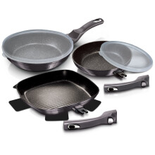 (Carbon Black) 5Pc Non Stick Aluminum Frying Pan Set With Grill Induction Detachable Handles