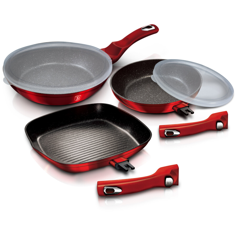 (Burgundy) 5Pc Non Stick Aluminum Frying Pan Set With Grill Induction Detachable Handles