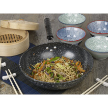 30cm 12" Black Marble Carbon Steel Wok Chinese Non Stick Frying Pan