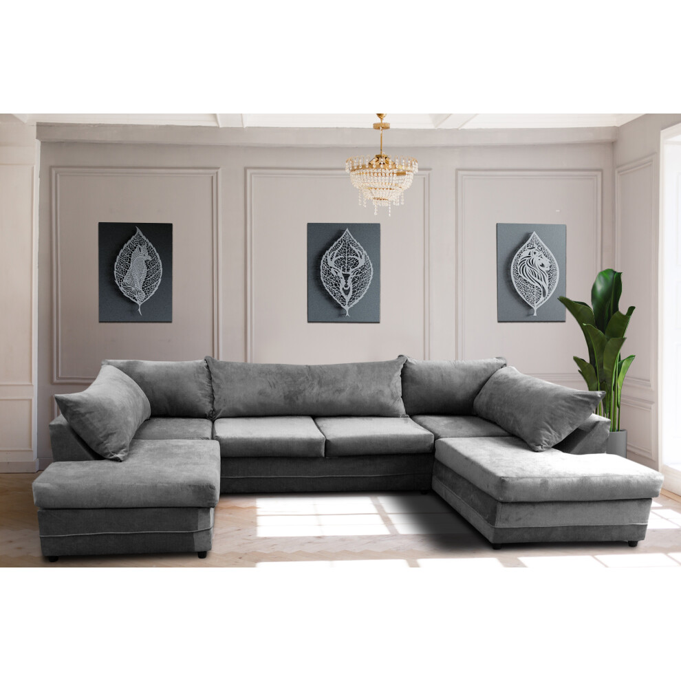Fursale (Grey) Milano Large Corner U Shape Sofa Velvet Fabric Grey