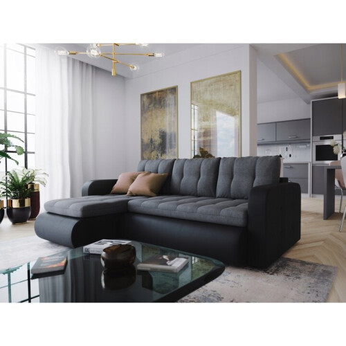 (Grey/Black) Corner Sofa Bed With Storage Fabric & Faux Leather