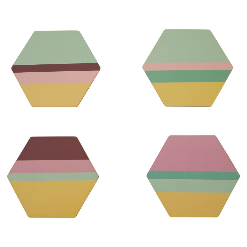 Premier Housewares Set Of 4 Miami Striped Foil Coasters,Vibrant Cork Coasters With Hexagonal Design,Perfect For Gifting Gold