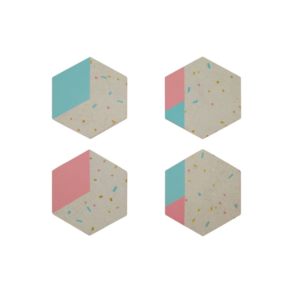 Premier Housewares Set Of 4 Hexagonal Cork Coasters,Terrazzo Pattern Coasters With Pastel Shades,Stylish Foiled Cork Gold