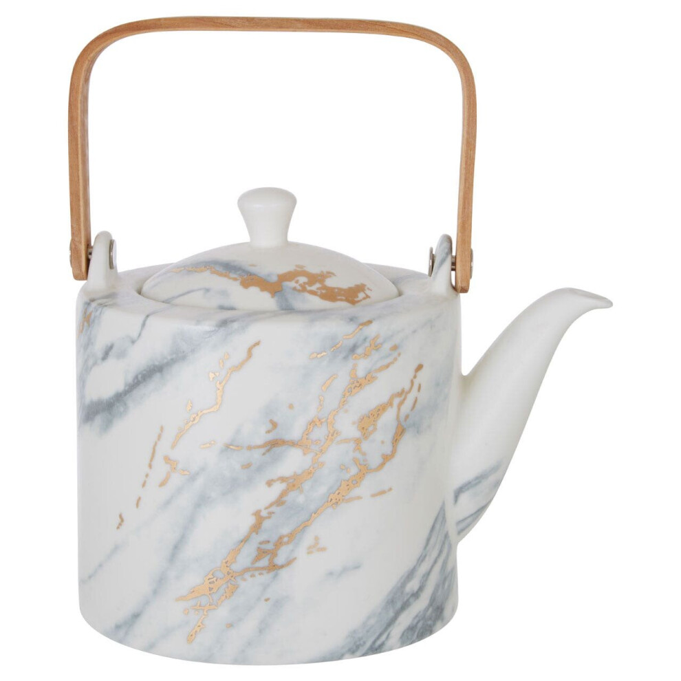 Premier Housewares Porcelain Teapot With Bamboo Handle,Marble Effect Finish Ceramic Tea Pot,Ideal For Tea, Or Coffee White/Gold