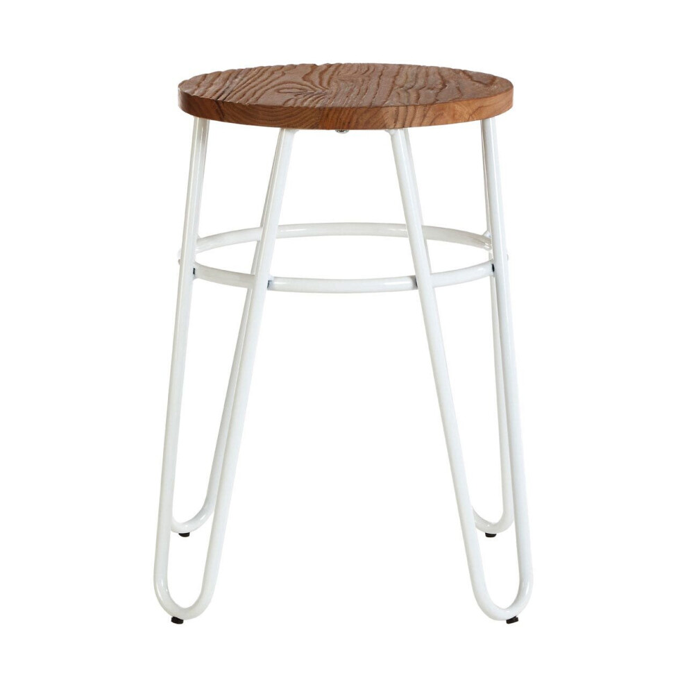 Premier Housewares White Metal And Elm Wood Round Stool, Small Hairpin Stool, Versatile Metal Stool For Home, Office, Bedroom White,Brown