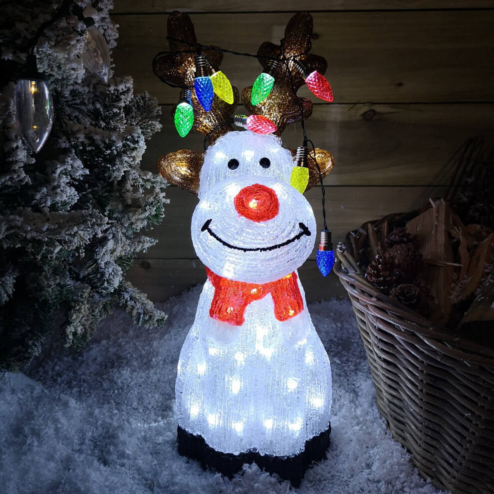 Samuel Alexander Unisex Multicolor 50Cm Outdoor Acrylic Sitting Ice White Christmas Reindeer With Multi Coloured Led Lights On Antlers - Image 3