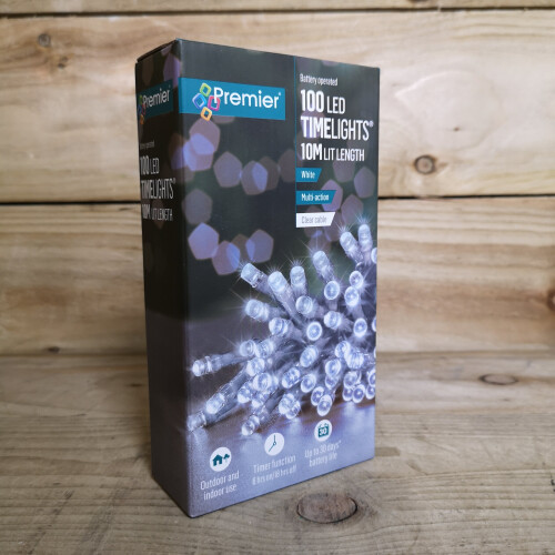 Premier 100 LED 10m Premier Christmas Outdoor Multi Function Battery Lights with Timer & Clear Cable in Cool White 2