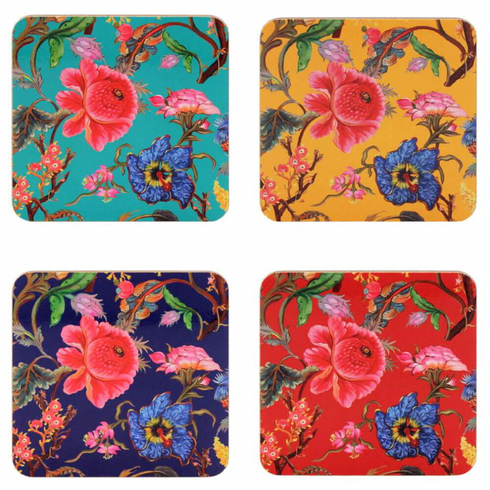 Set of 4 Coasters William Morris Anthina Bright Floral Flowers Assorted Colour