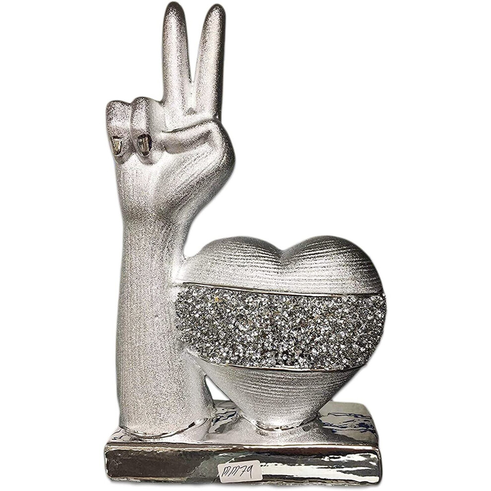 Amg Heart With Victory Sighn Sparkle Bling Ornament Crushed Diamond Statue