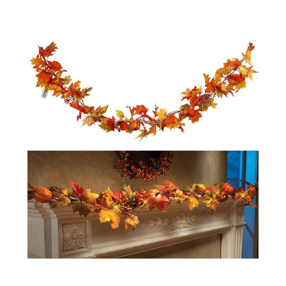 LED Light Up Autumn Pumpkin Maple Leaf Vine Halloween Garland Home Decor 1.8m