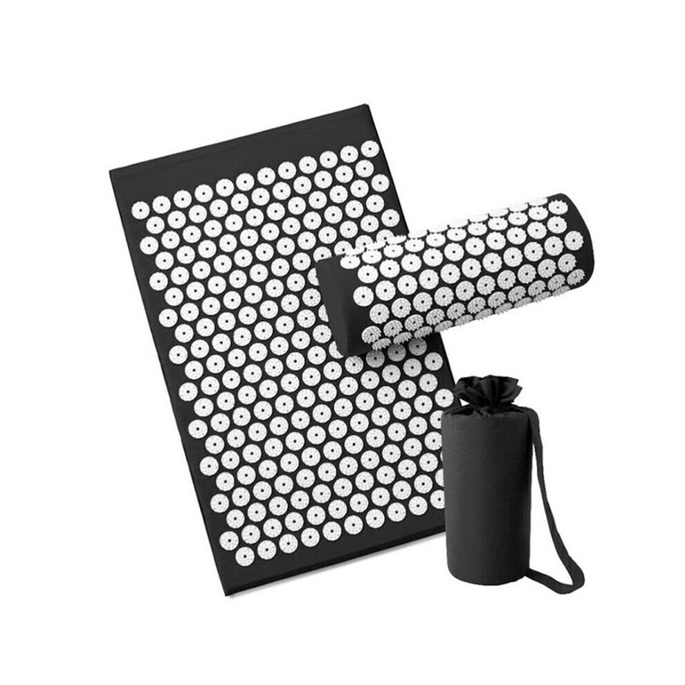 ( Mate With Pillow) Base Yoga Acupressure Massage Mat + Pillow Spiky Pain Stress Soreness Relax Body Black