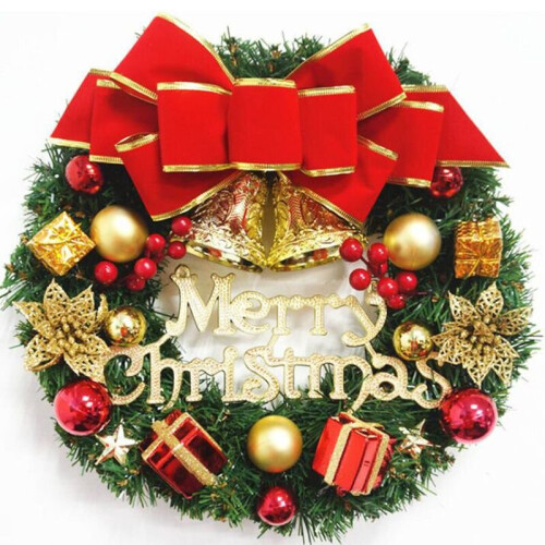 (D) Merry Christmas Wreath Garland Xmas Front Door Wall Decoration Bell Ornament