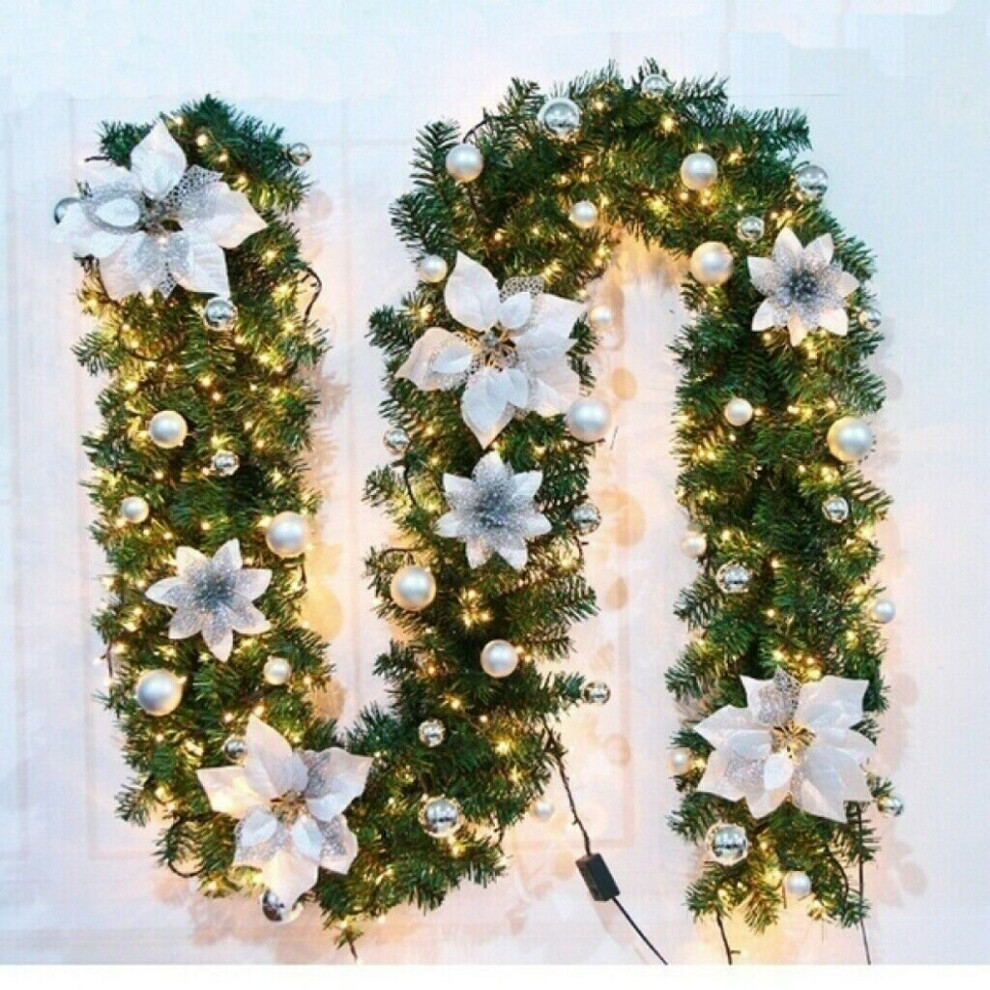 (Silver) 9FT Christmas Garland LED Lights Up Xmas Wreath  Fireplace Door Decor