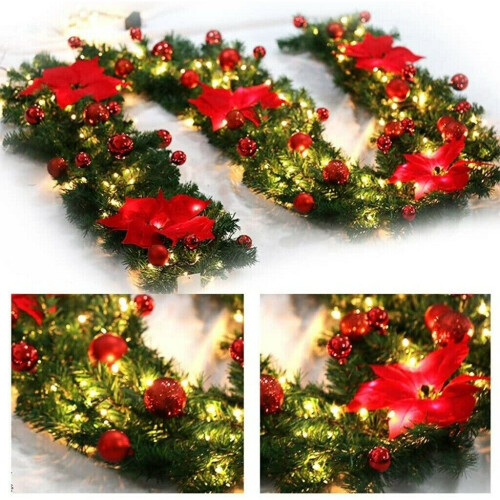 (Red) 9FT Christmas Garland LED Lights Up Xmas Wreath  Fireplace Door Decor
