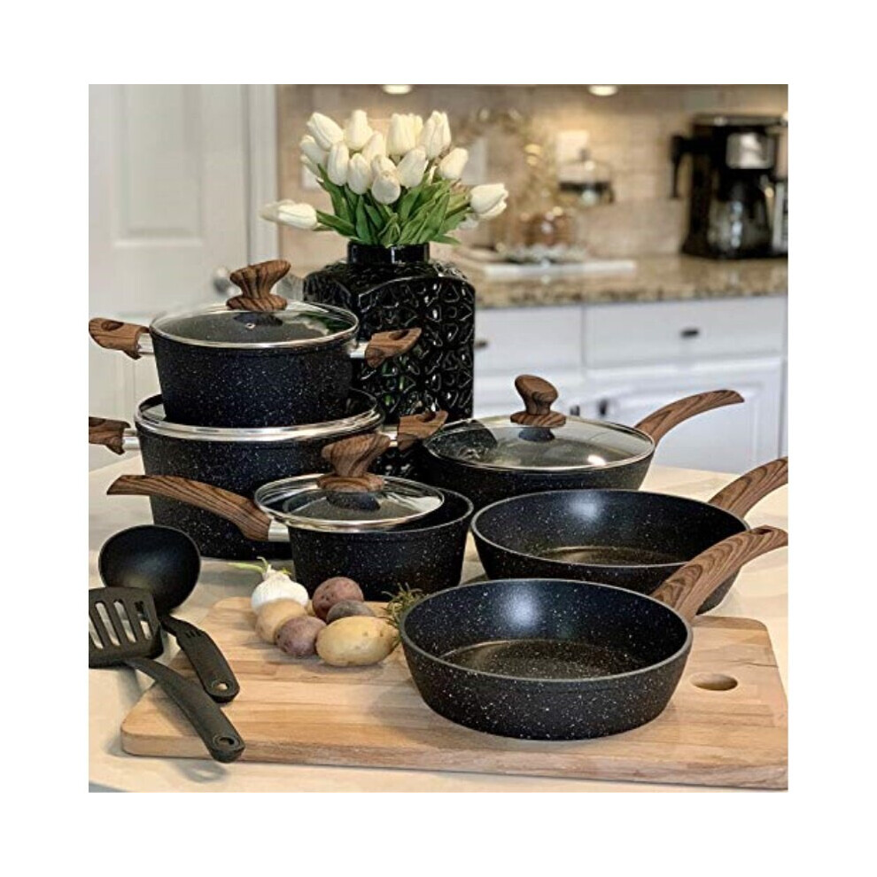Induction Kitchen Cookware Sets Nonstick - Granite Hammered Pan Set 12 Piece, Dishwasher Safe Cooking Pots and Pans Set
