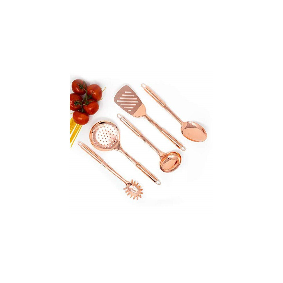 Copper Cooking Utensils for Cooking/Serving, Rose Gold Kitchen Utensils -Stainless Steel Copper Serving Utensils Set 5 PCS-Copper Ladle, Serving Spoon