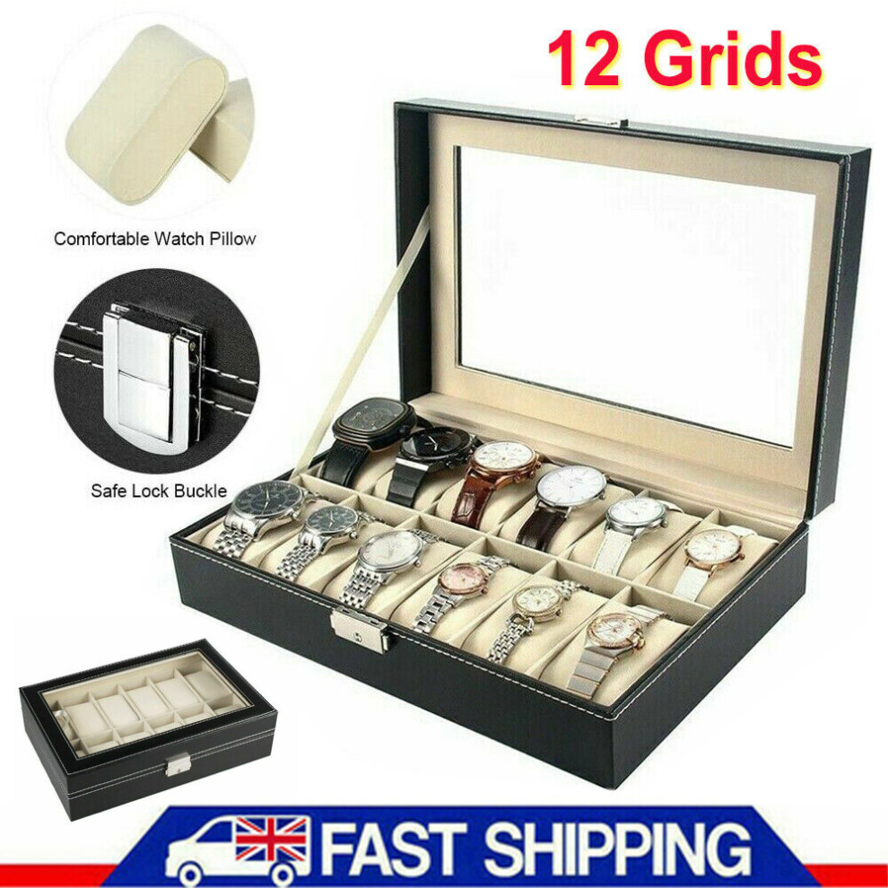 12 Grid Watch Storage Box Jewelry Display Collection Organizer Leather