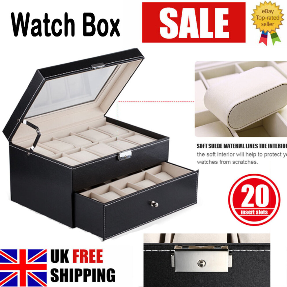 20 GRIDS WATCH BOX JEWELRY DISPLAY HOLDER COLLECT STORAGE LEATHER CASE