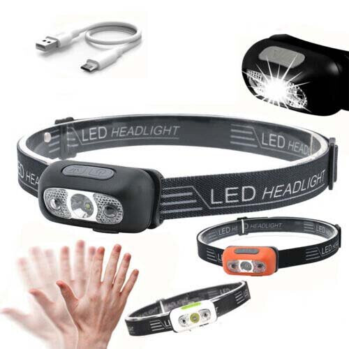 (Black) LED Motion Sensor Headlamp Headlight USB Rechargeable