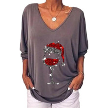 (Gray, 2XL = UK 16) Ladies Xmas 3/4 Sleeve V-Neck T Shirt Wine Glasses Printed Casual Pullover Tops