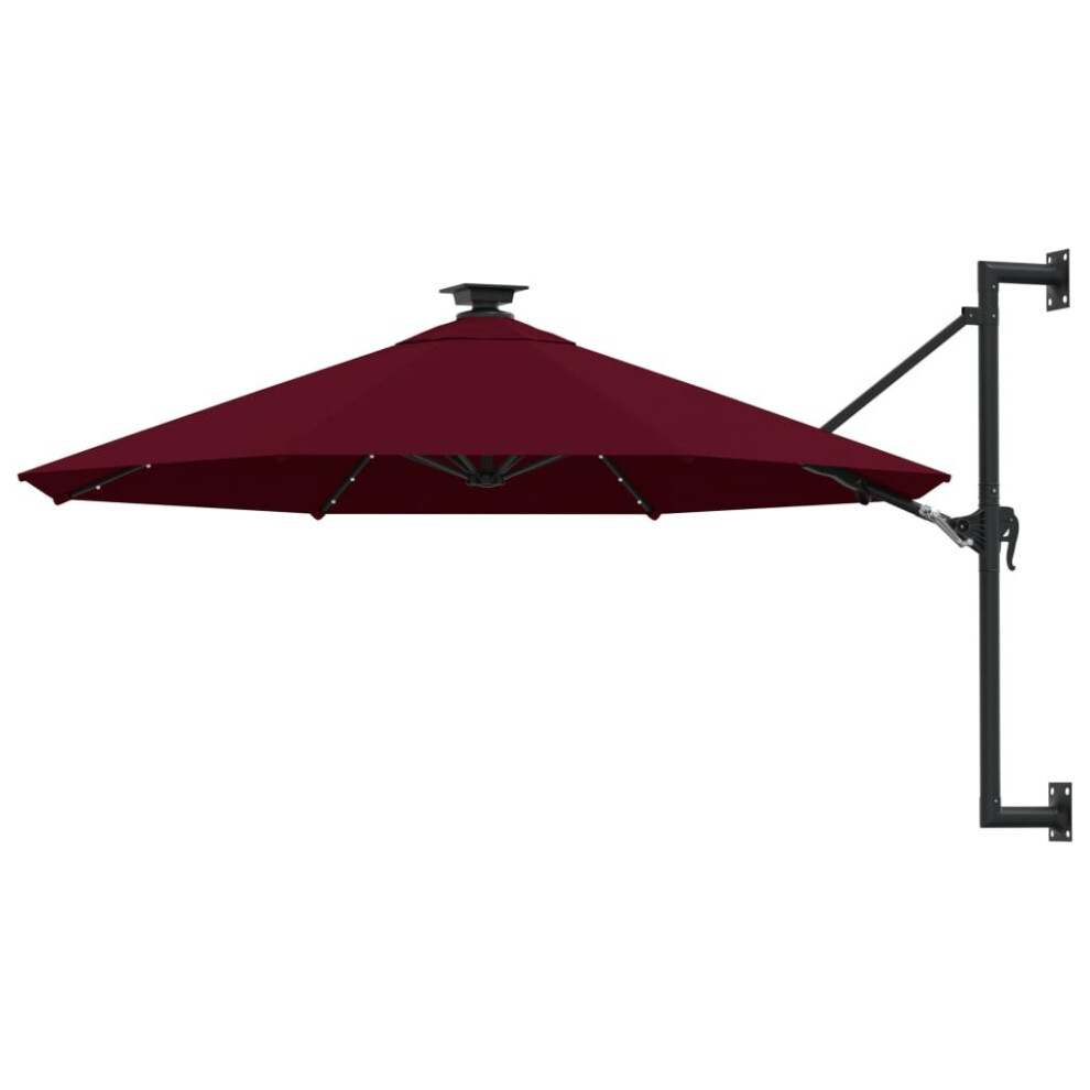 vidaXL Wall-mounted Parasol with LEDs and Metal Pole Burgundy Patio Sunshade