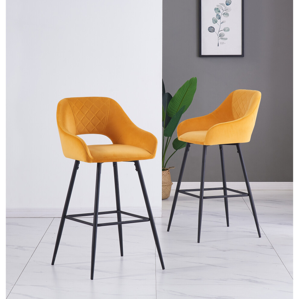 (Yellow, 2 Bar Stools) 1/2 Velvet Bar Stools High Counter Breakfast Chair