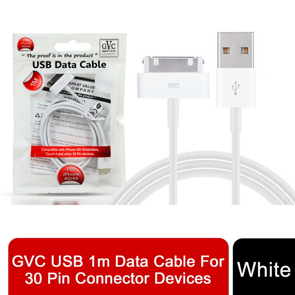 Gvc Usb 1M Data Cable For 30 Pin Connector Devices - White 5055543265350