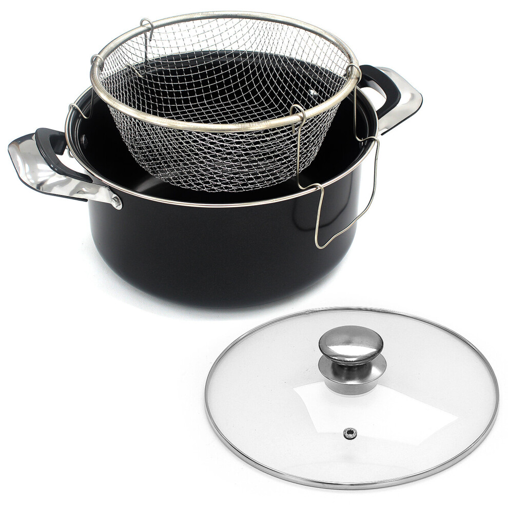 24cm Deep Fat Fryer Non Stick Chip Pan Casserole Pot Fry Frying Basket Glass Lid