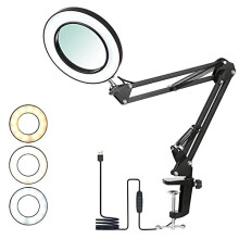 Magnifying Desk Lamp with Clamp, Tomshin-1 8X Magnifier Lamps 3 Colors & 10 Brightness Dimmable Magnifying Glass Led Lamp, 19 Inch Adjustable Swi