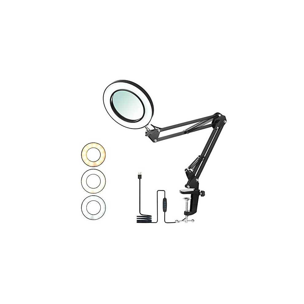 Magnifying Desk Lamp with Clamp, Tomshin-1 8X Magnifier Lamps 3 Colors & 10 Brightness Dimmable Magnifying Glass Led Lamp, 19 Inch Adjustable Swi
