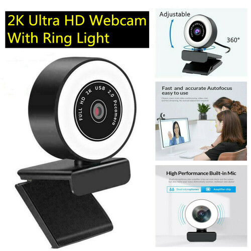 2K HD Autofocus USB 2.0 Webcam With LED Ring Light 360 Adjustable For PC/Laptop