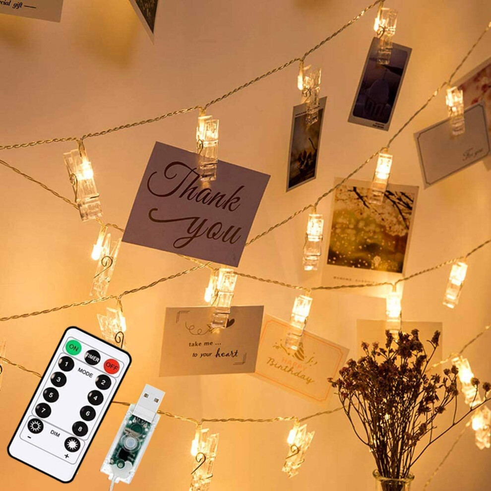 (USB Photo Clip Lights) 40 LED Photo Clip Fairy Lights, 20ft/6m 8 Modes with Remote USB Plug in Photo Peg String Lights for Indoor Bedroom Weddi