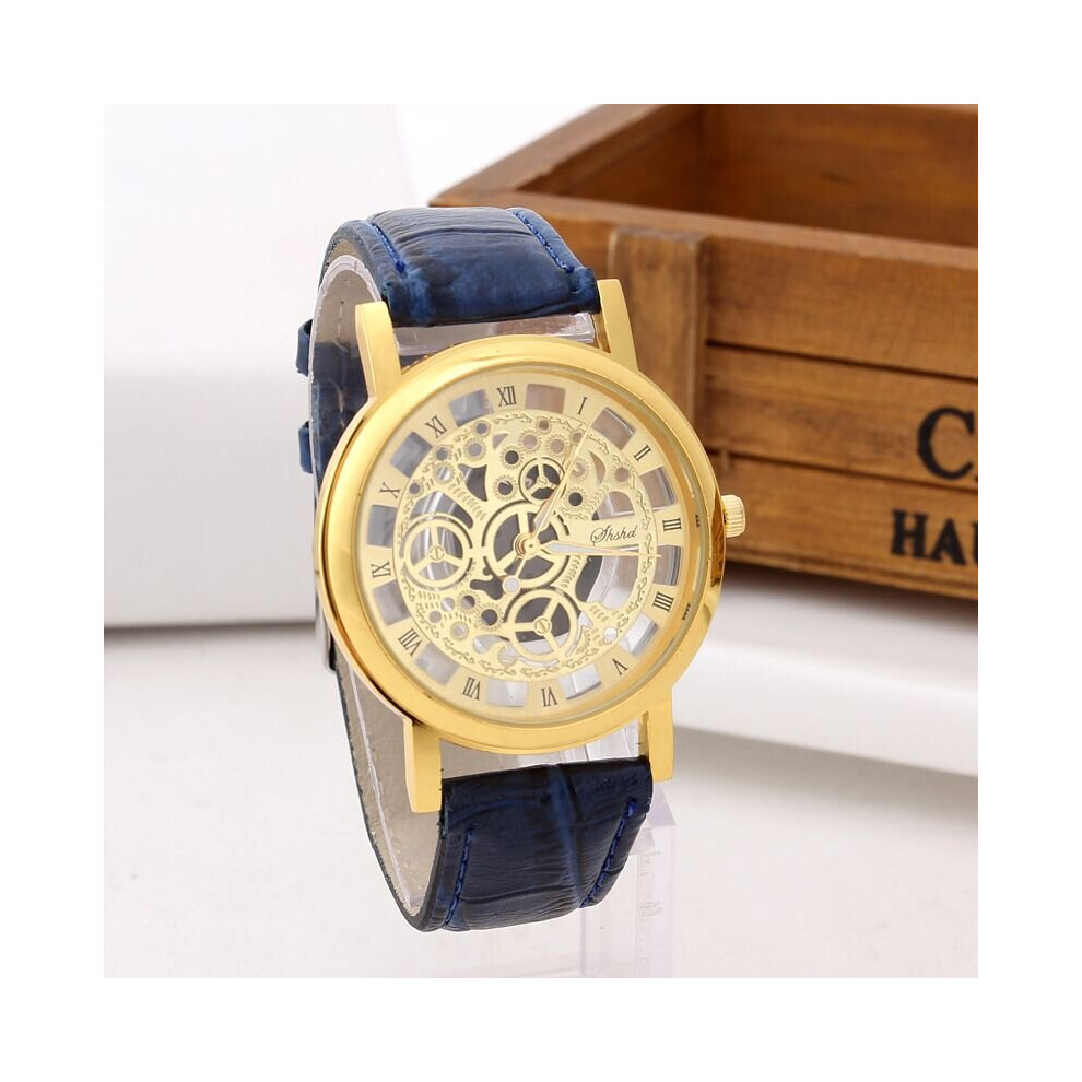(Gold Blue) Men's Fashion Luxury Stainless Steel Quartz Military Sport Dial Wrist Watch Multicoloured