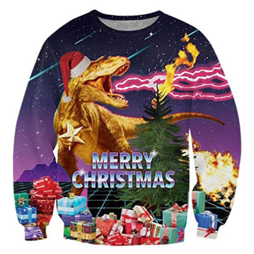 (Gold Dinosaur, XL) UGLY Christmas Sweater Womens Mens Dinosaur Sweatshirt Long Sleeve Pullover Tops