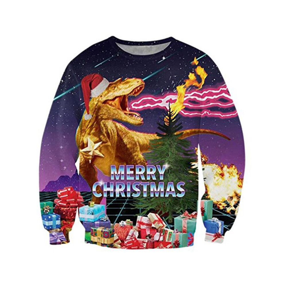 (Gold Dinosaur, XL) UGLY Christmas Sweater Womens Mens Dinosaur Sweatshirt Long Sleeve Pullover Tops 