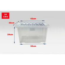 (Set of 10, 24 Litre) Clear Plastic Storage Boxes With Black Lids Home